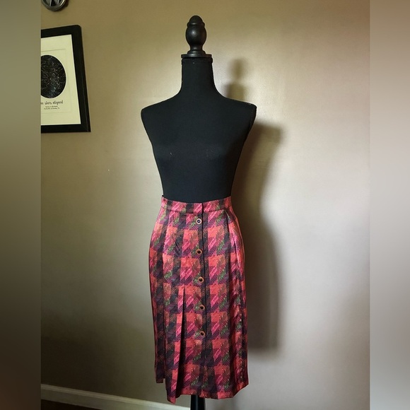 CARLISE vintage 100% silk skirt pleated pink houndstooth button front sz 12 MINT - Picture 13 of 14
